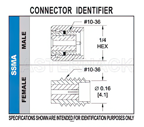 SSMA Female Right Angle Connector Solder Attachment Thru Hole PCB, .200 inch x .067 inch Hole Spacing