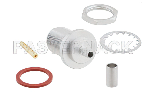 N Female Bulkhead Mount Connector Crimp/Solder Attachment for PE-C195, PE-P195, RG58, RG141, RG303, LMR-195, 0.195 inch, .640 inch DD Hole