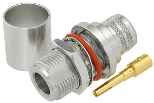N Female Bulkhead Connector Crimp/Solder Attachment For PE-C600, LMR-600, .640 inch DD Hole