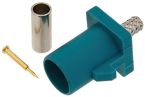 FAKRA Plug Connector Crimp/Solder Attachment for RG174, RG316, RG188, .100 inch, PE-B100, PE-C100, LMR-100, Water Blue Color