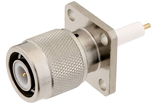 TNC Male Connector Solder Attachment 4 Hole Flange Mount Pin Terminal, .531 inch Hole Spacing