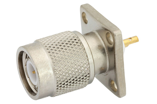 TNC Male Connector Solder Attachment 4 Hole Flange Mount Solder Cup Terminal, .531 inch Hole Spacing