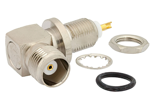 TNC Female Right Angle Bulkhead Mount Connector Solder Attachment Solder Cup Terminal, .361 inch D Hole