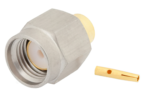 RP SMA Male Connector Solder Attachment for PE-SR402AL, PE-SR402FL, PE-SR402FLJ, PE-SR402TN, RG402, Gold Plated Brass Body