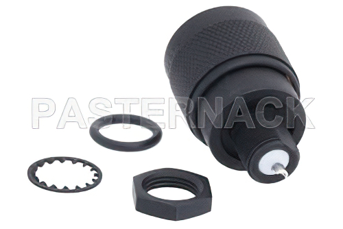 N Male Bulkhead Connector Solder Attachment Solder Cup Terminal, .350 inch D Hole, Black Finish