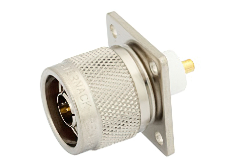 N Male Connector Solder Attachment 4 Hole Flange Mount Pin Terminal, .718 inch Hole Spacing, .120 inch Diameter