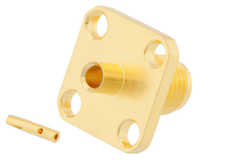 SMA Female Connector Solder Attachment 4 Hole Flange Mount for RG405, RG405 Tinned, PE-SR405FL, PE-SR405AL, .340 inch Hole Spacing