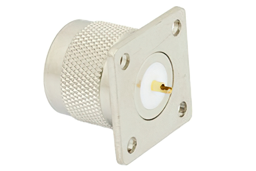 75 Ohm N Male Connector Solder Attachment 4 Hole Flange Mount Solder Cup Terminal, .718 inch Hole Spacing