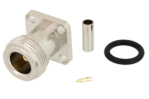 N Female Connector Crimp/Solder Attachment 4 Hole Flange Mount for RG316, RG174, LMR-100, IP67 Rated