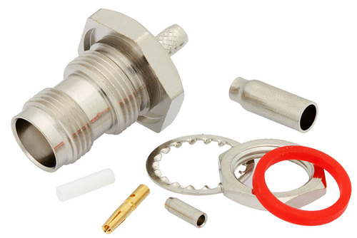 TNC Female Bulkhead Mount Connector Crimp/Solder Attachment for RG188-DS, RG316-DS, .480 inch D Hole