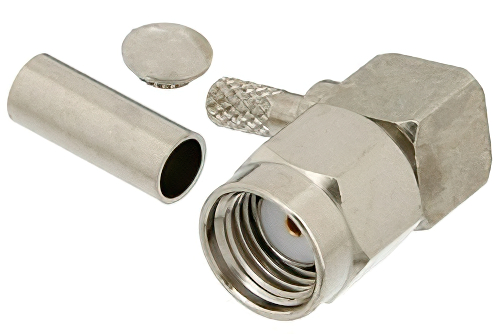 Reverse Polarity SMA Male Right Angle Connector Crimp/Solder Attachment for RG188-DS, RG316-DS