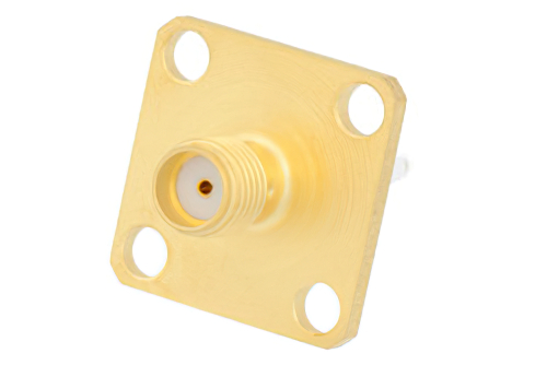 SMA Female Connector Solder Attachment 4 Hole Flange Mount Stub Terminal, .500 inch Hole Spacing