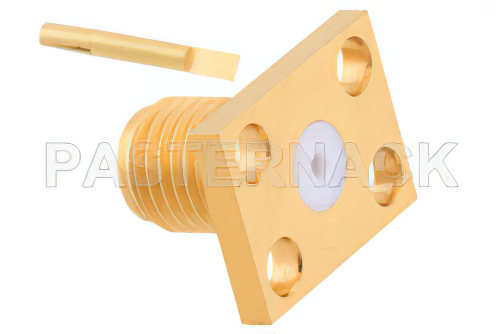 SMA Female Connector Solder Attachment 4 Hole Flange Tab Terminal, .375 inch x .500 inch Hole Spacing