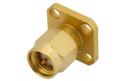 SMA Male Hermetically Sealed Connector Solder Attachment 4 Hole Flange Mount Pin Terminal, .340 inch Hole Spacing