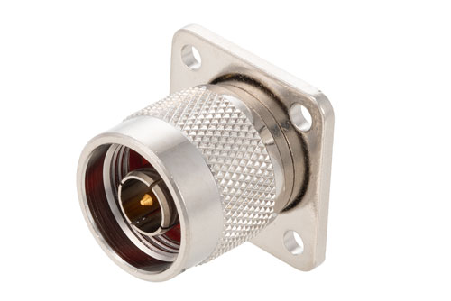 N Male Connector Solder Attachment 4 Hole Flange Mount Solder Cup Terminal, .718 inch Hole Spacing