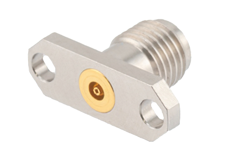 2.92mm Female Field Replaceable Connector 2 Hole Flange Mount 0.02 inch Pin, .481 inch Hole Spacing, with Metal Contact Ring