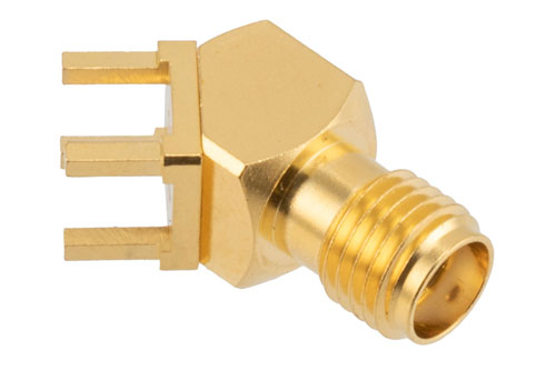 SMA Female PCB Mount Connector, 45 Degree angle with round contact 0.05 inches diameter, 27GHz VSWR1.3