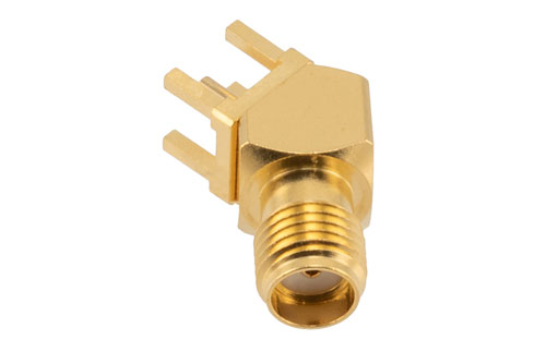 SMA Female PCB Mount Connector, 45 Degree angle with round contact 0.05 inches diameter, 27GHz VSWR1.3