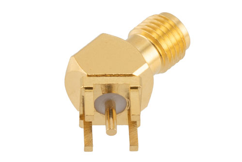 SMA Female PCB Mount Connector, 45 Degree angle with round contact 0.05 inches diameter, 27GHz VSWR1.3