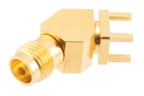 1.85mm Female PCB Mount Connector, 45 Degree angle with round contact 0.04 inches diameter, 67GHz VSWR1.35