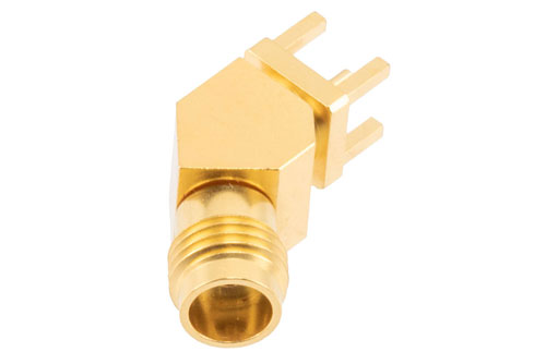 1.85mm Female PCB Mount Connector, 45 Degree angle with round contact 0.04 inches diameter, 67GHz VSWR1.35