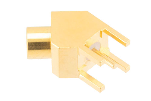 MCX Female PCB Mount Connector, 45 Degree angle with round contact 0.0375 inches diameter, 6GHz VSWR1.2
