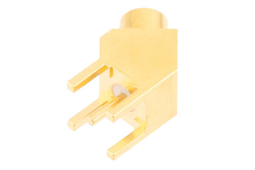 MCX Female PCB Mount Connector, 45 Degree angle with round contact 0.0375 inches diameter, 6GHz VSWR1.2