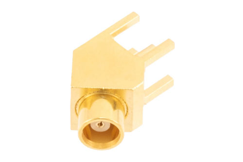 MCX Female PCB Mount Connector, 45 Degree angle with round contact 0.0375 inches diameter, 6GHz VSWR1.2