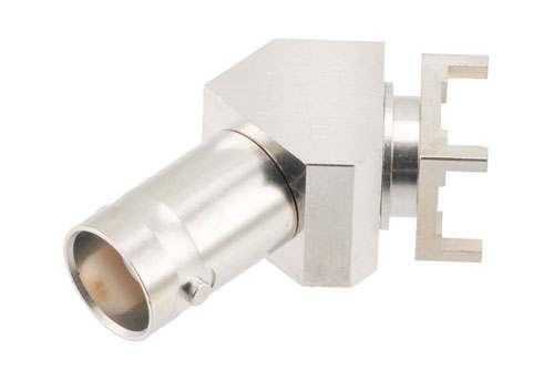 BNC Female PCB Mount Connector, 45 Degree angle with round contact 0.0394 inches diameter, 4GHz VSWR1.2