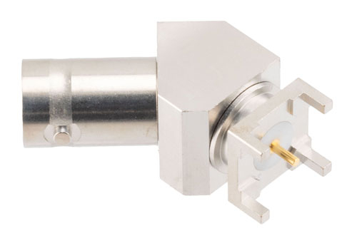 BNC Female PCB Mount Connector, 45 Degree angle with round contact 0.0394 inches diameter, 4GHz VSWR1.2