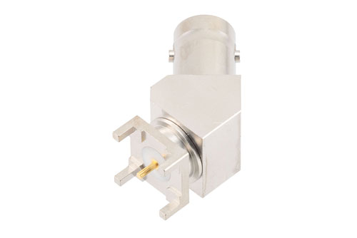 BNC Female PCB Mount Connector, 45 Degree angle with round contact 0.0394 inches diameter, 4GHz VSWR1.2