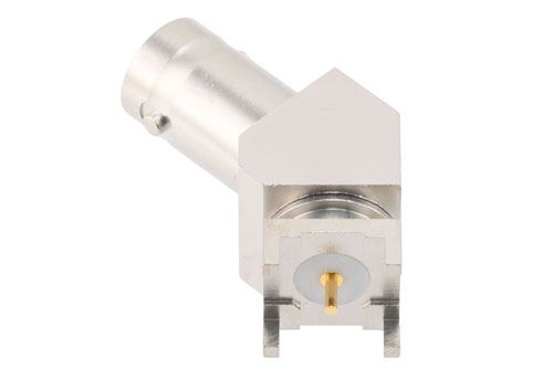 BNC Female PCB Mount Connector, 45 Degree angle with round contact 0.0394 inches diameter, 4GHz VSWR1.2