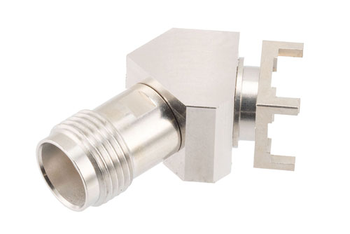 TNC Female PCB Mount Connector, 45 Degree angle with round contact 0.0394 inches diameter, 18GHz VSWR1.2
