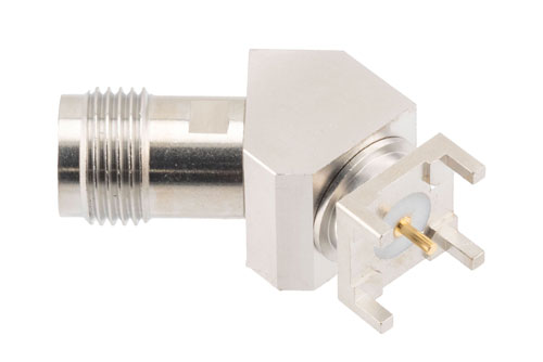 TNC Female PCB Mount Connector, 45 Degree angle with round contact 0.0394 inches diameter, 18GHz VSWR1.2