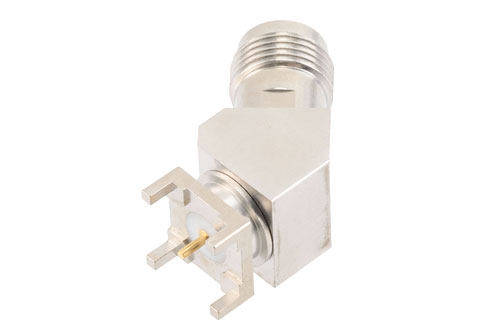 TNC Female PCB Mount Connector, 45 Degree angle with round contact 0.0394 inches diameter, 18GHz VSWR1.2