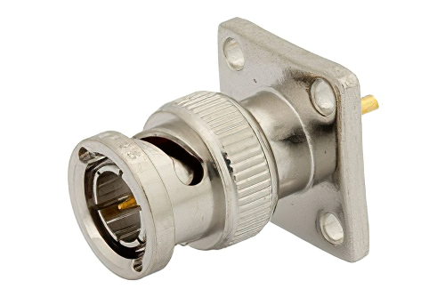 75 Ohm BNC Male Connector Solder Attachment 4 Hole Flange Solder Cup Terminal, .531 inch Hole Spacing