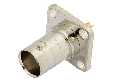 75 Ohm BNC Female Connector Solder Attachment 4 Hole Flange Mount Solder Cup Terminal, .500 inch Hole Spacing