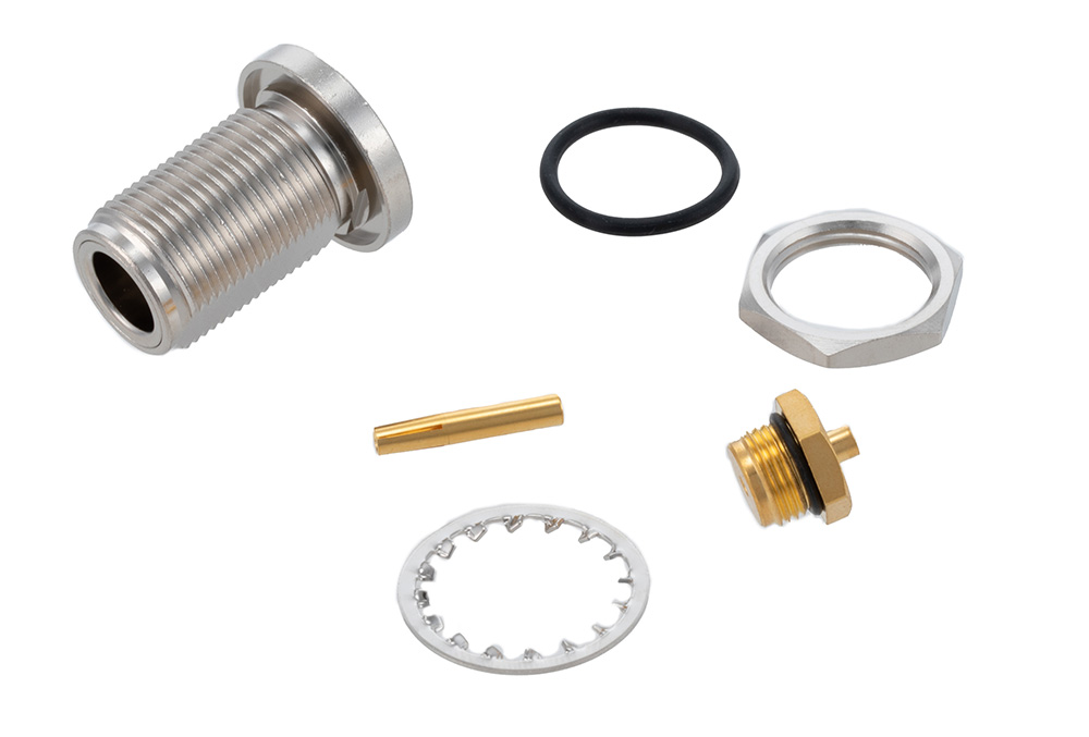 N Female Bulkhead Mount Connector Solder Attachment for PE-SR405AL, PE-SR405FL, RG405, .640 inch DD Hole