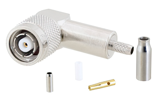 RP TNC Male Right Angle Connector Crimp/Solder Attachment for RG316, RG174, RG188, LMR-100, PE-B100, PE-C100, 0.100 inch
