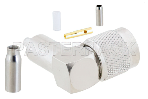 RP TNC Male Right Angle Connector Crimp/Solder Attachment for RG316, RG174, RG188, LMR-100, PE-B100, PE-C100, 0.100 inch