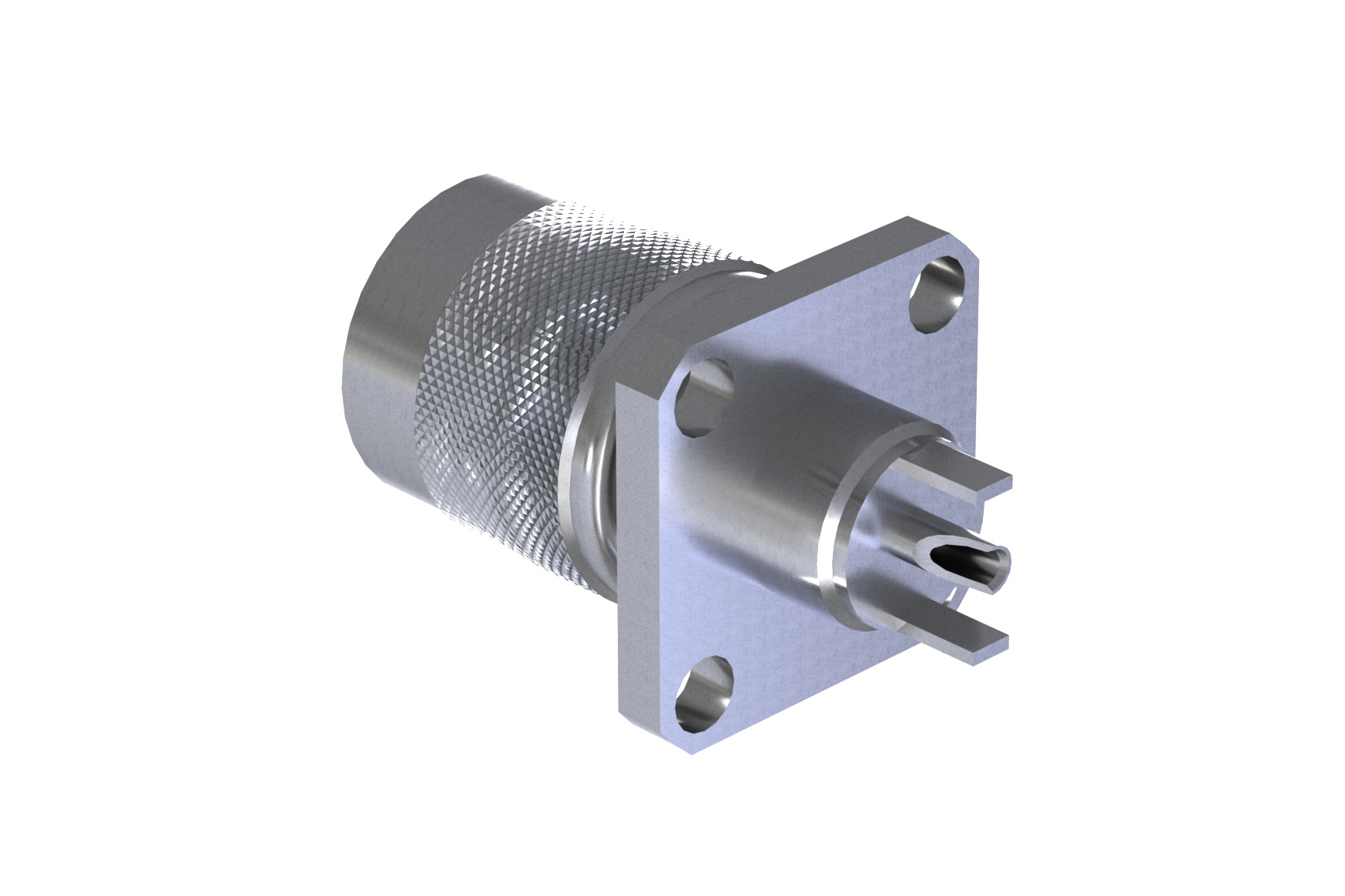 RP-TNC Male Connector Solder Attachment 4 Hole Flange Mount Solder Cup Terminal, .500 inch Hole Spacing
