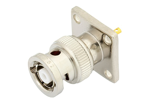 RP BNC Male Connector Solder Attachment 4 Hole Flange Solder Cup Terminal, .531 inch Hole Spacing