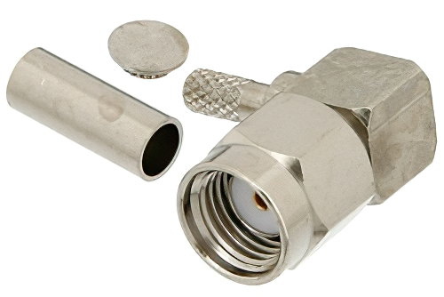 RP SMA Male Right Angle Connector Crimp/Solder Attachment for RG174, RG316, RG188, PE-B100, PE-C100, 0.100 inch, LMR-100