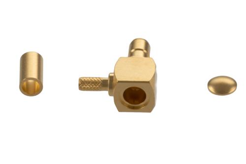 SMB Jack Right Angle Connector Crimp Attachment for LMR-100, PE-B100, PE-C100, 0.100 Inch Cable