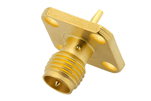 RP SMA Female Connector Solder Attachment 4 Hole Flange Mount Solder Cup Terminal, .340 inch Hole Spacing
