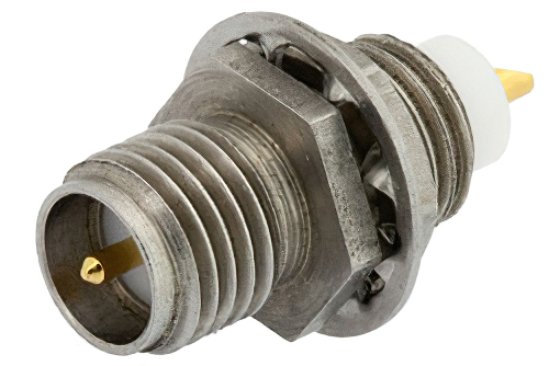 RP SMA Female Bulkhead Mount Connector Solder Attachment Solder Cup Terminal, .235 inch D Hole, .125 inch Max Panel