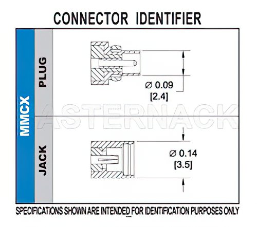 MMCX Plug Connector Solder Attachment Thru Hole PCB, .100 inch x .031 inch Hole Spacing