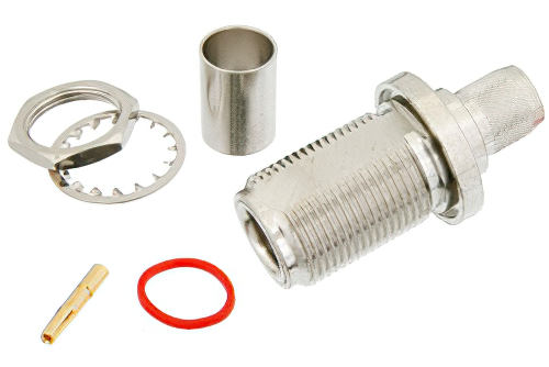 N Female Bulkhead Mount Connector Crimp/Solder Attachment for RG213, RG8, .640 inch DD Hole