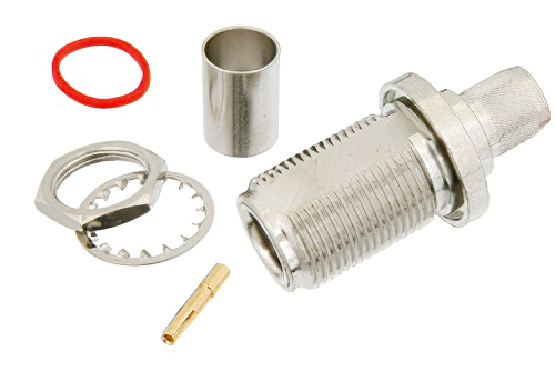 N Female Bulkhead Mount Connector Crimp/Solder Attachment for RG214, RG9, RG225, RG393, .640 inch DD Hole