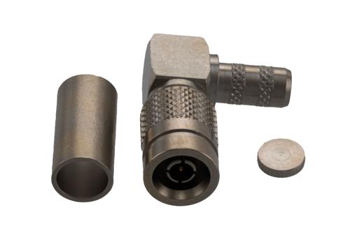 1.0/2.3 Male Right Angle Connector Crimp Attachment for LMR-195-FR, RG303, RG58, RG141, PE-C195, PE-P195, LMR-195, RG142, RG55, RG223